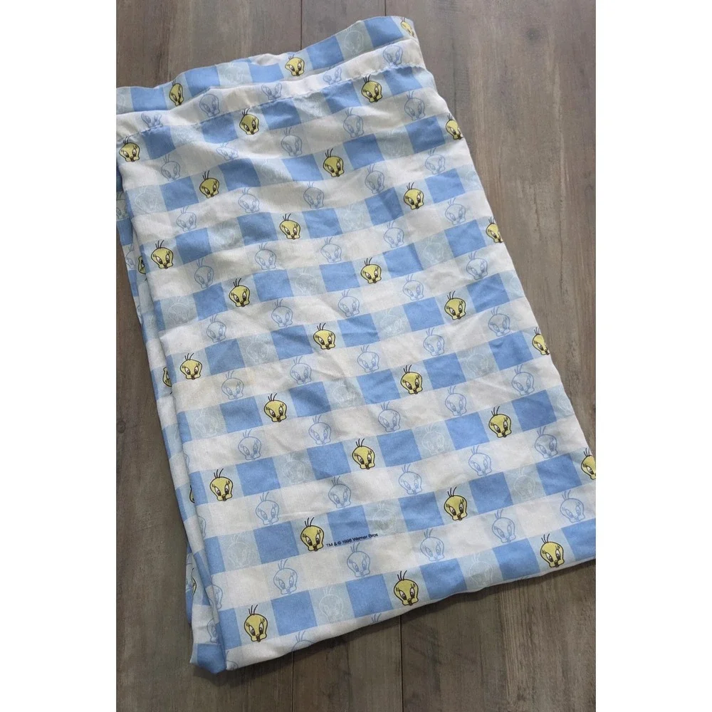 Vintage 1998 Warner Bros Tweety Bird Twin Flat Sheet Blue & White Check-Has Hole